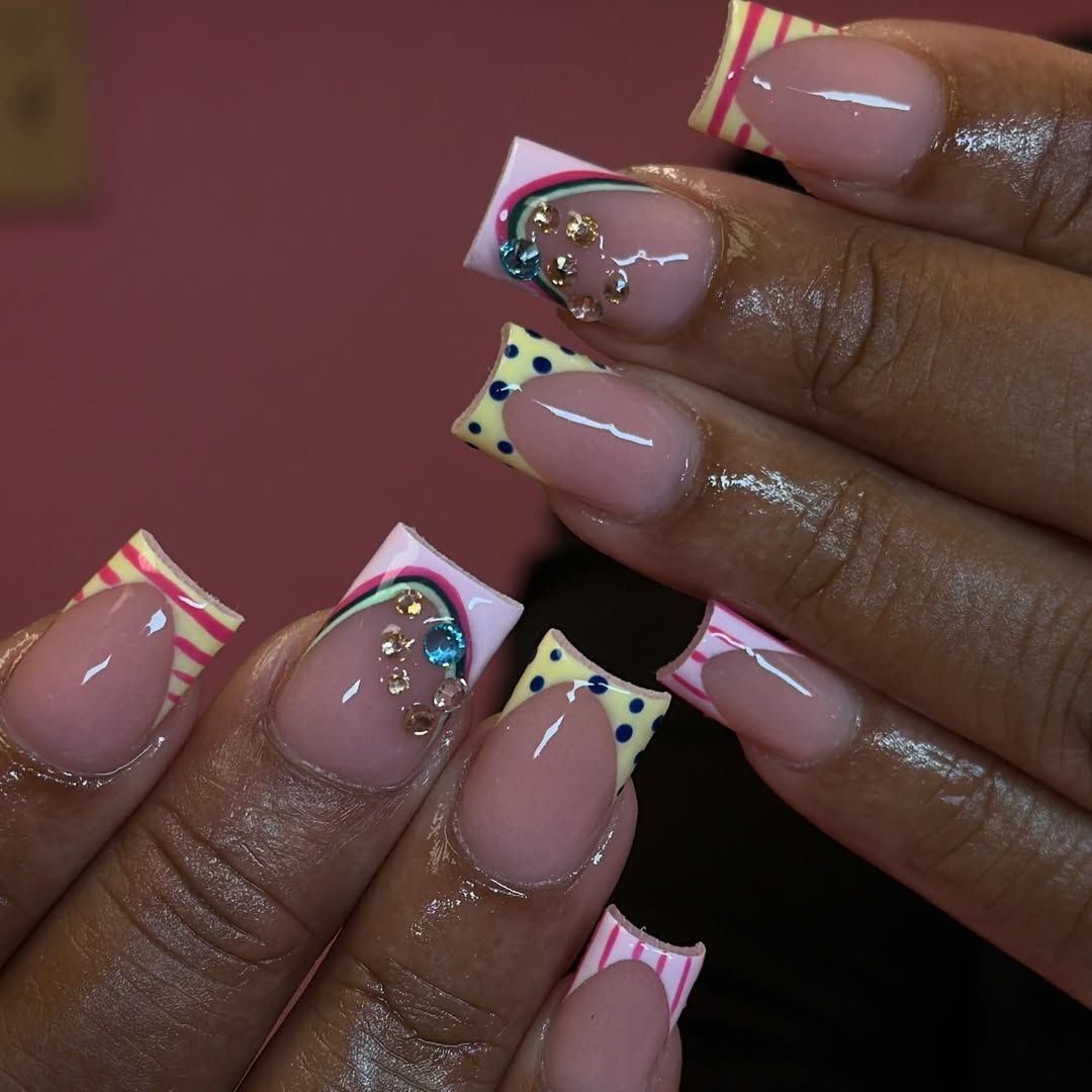Butter yellow polka dot tips with rhinestones