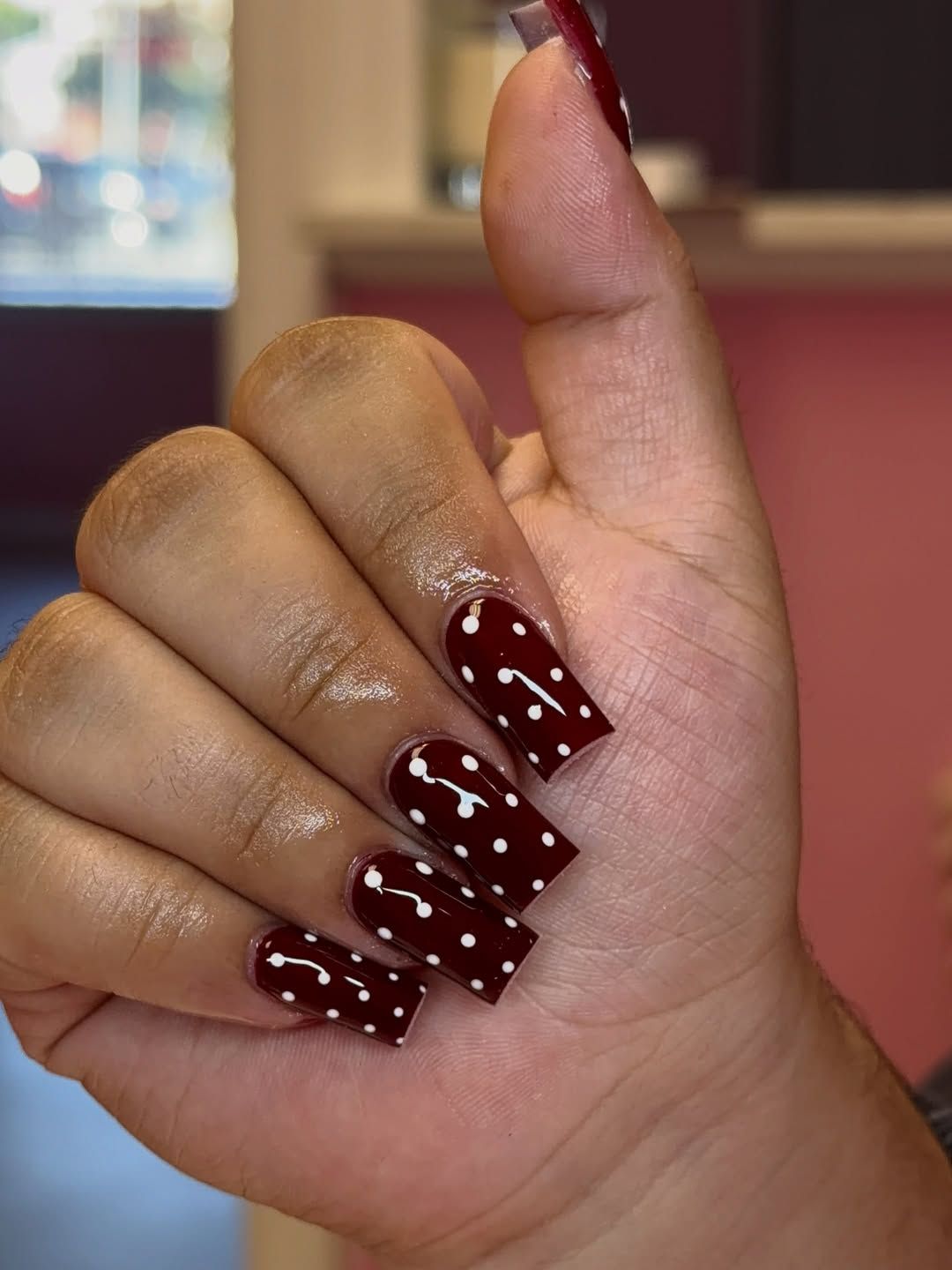 Burgundy square set with white polka dots