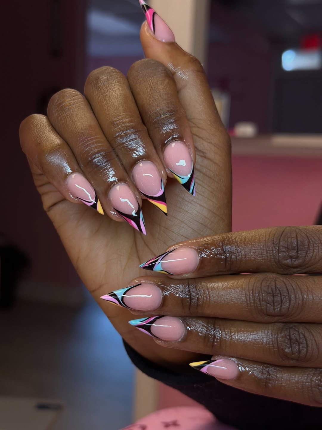 Almond French set with colorful outlined tips